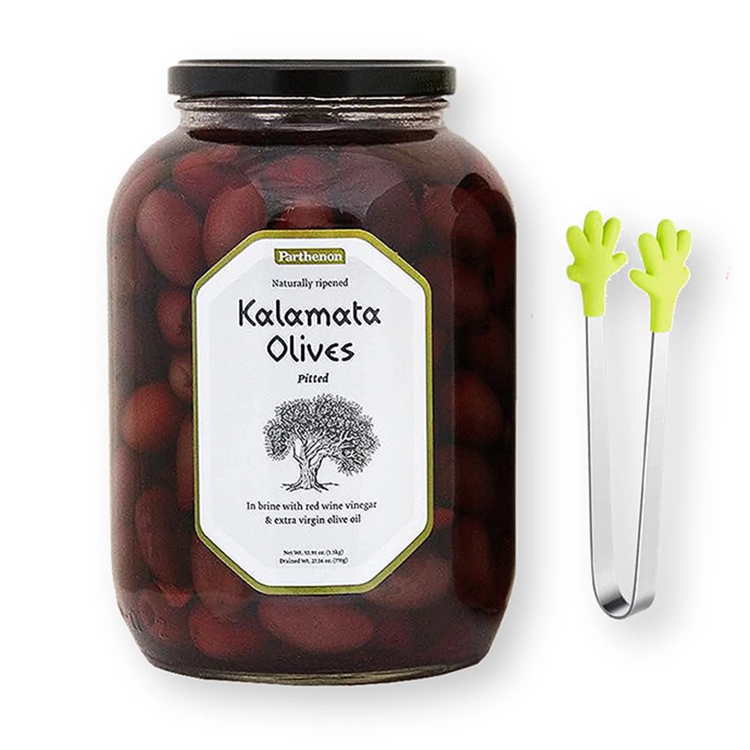 Parthenon Organic Pitted Kalamata Olives in Brine with Organic Red Wine Vinegar & Organic Extra Virgin Olive Oil 52.91 Oz. with Bonus Mini Silicone Tongs