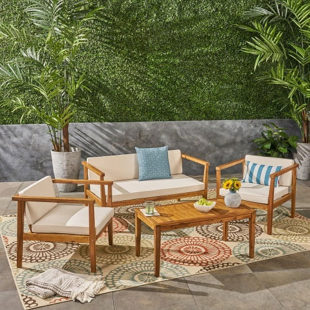 Buumin Outdoor 4-Seater Acacia Wood Chat Set with Coffee Table with Cushions, Teak and Beige