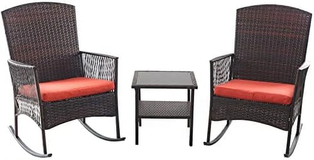 LNSETGC Outdoor Rattan Wicker Rocking Chair 3 Pieces Patio Conversation  Bistro Sets with  and Cushions for Porch Garden and Balcony