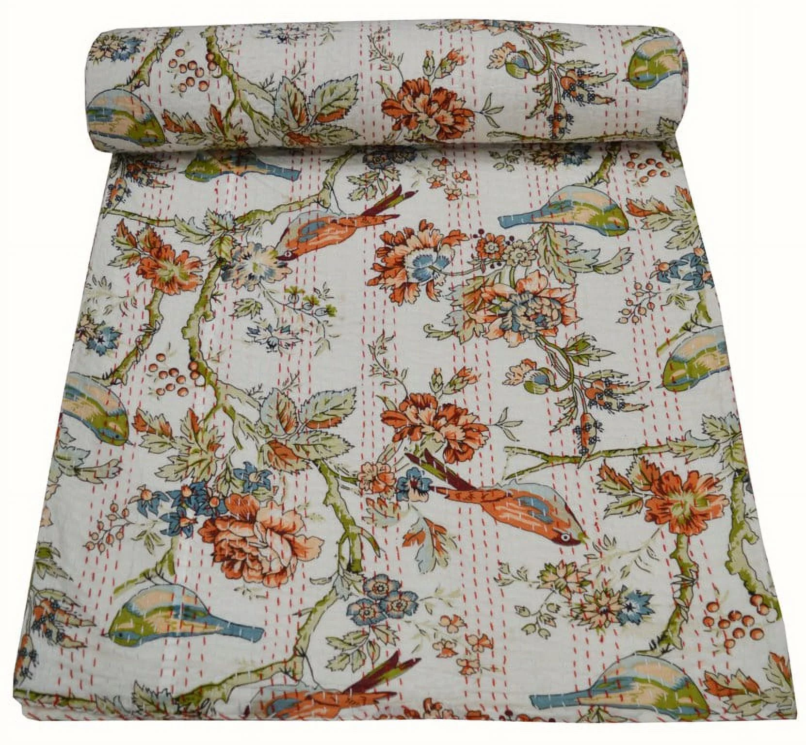 Indian Vintage Kantha Quilt 100% Cotton Kantha Throw Kantha Blanket Handmade Quilt Double Size Kantha Bedspread Bird Print