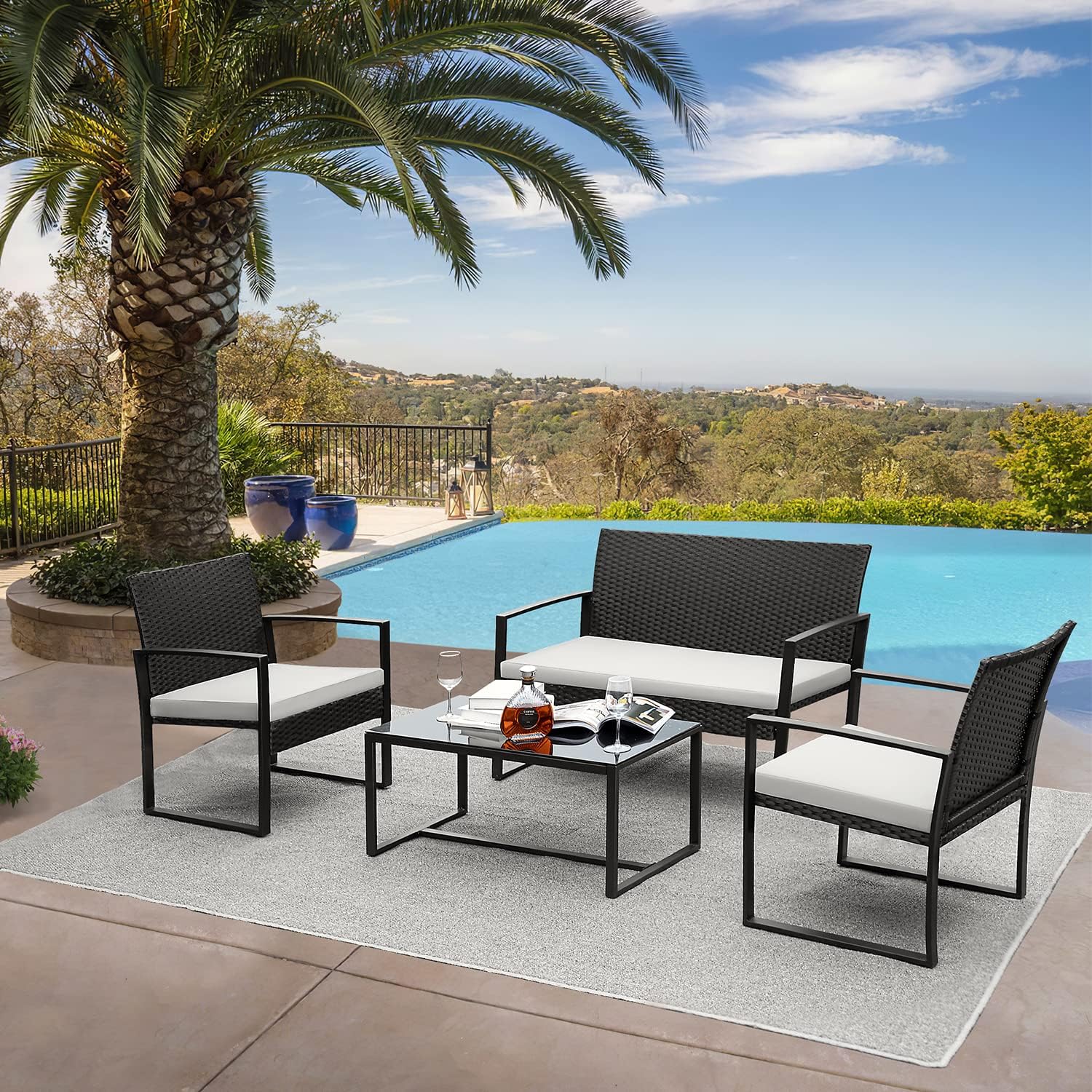 Dina Patio Set 4 Piece Outdoor Porch Furniture with Cushions Rattan Conversation Sofa Set Metal Patio Table and Loveseat Chairs for Balcony  Poolside  Lawn (Grey)