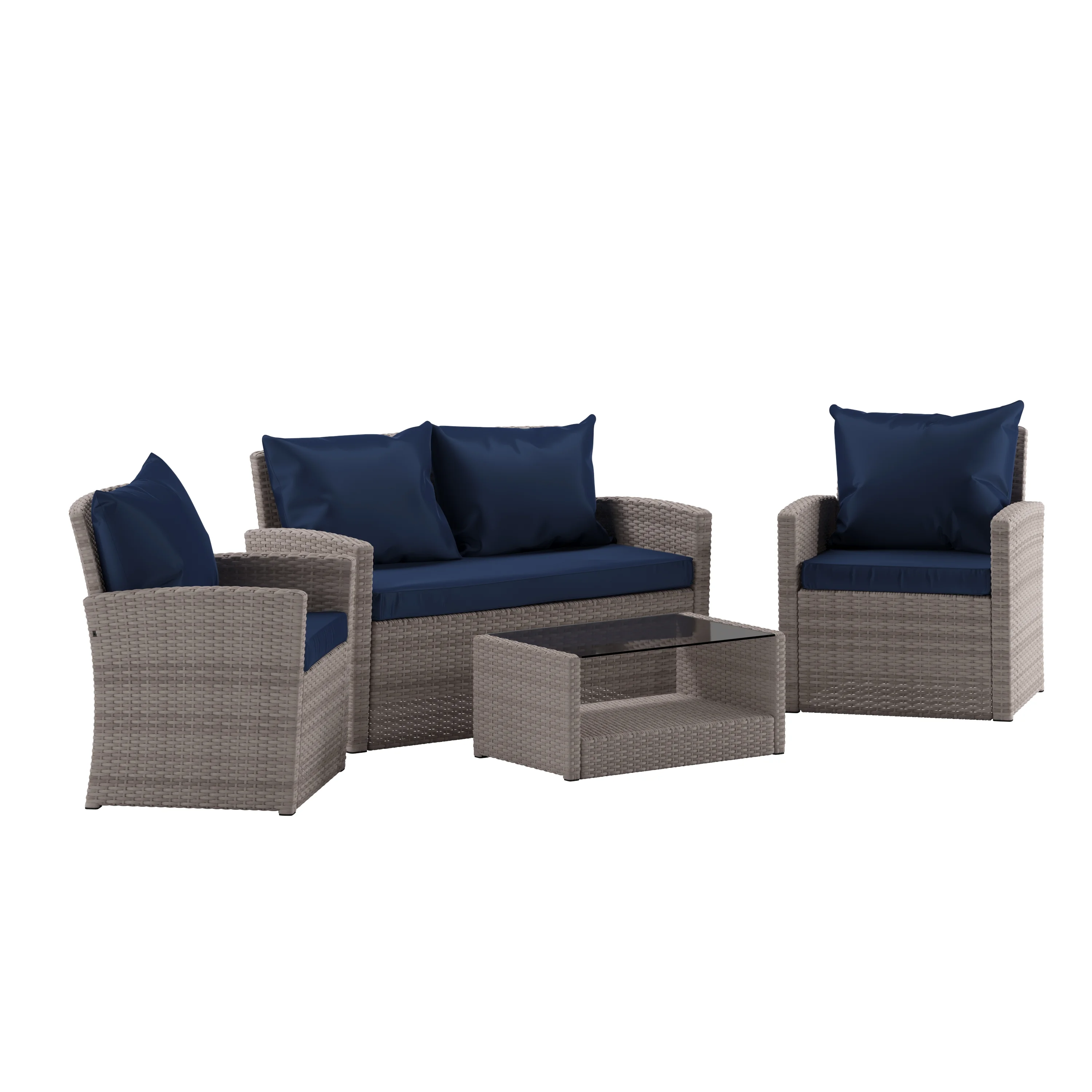 BizChair Series 4 Piece Light Gray Patio Set with Navy Back Pillows and Seat Cushions
