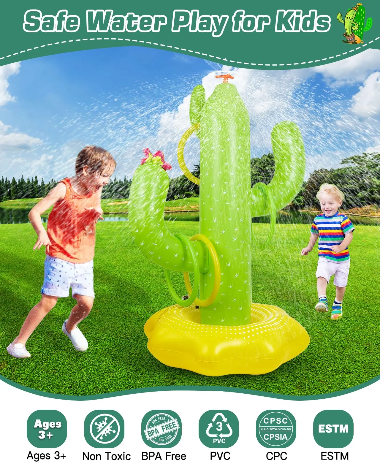 Anpro Water Sprinkler for Kids, Inflatable Cactus Spray Sprinkler Kids Outdoor Splashing Fun Activity, Summer Water Sprinkler Spray Toy for Yard, Lawn