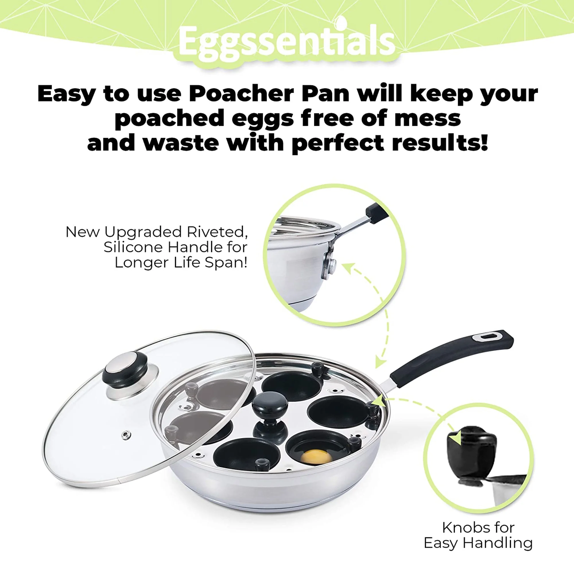 Eggssentials Stainless Steel Egg Poacher Pan Non Stick Poached Egg Cooker with Spatula and 6 Extra Cups