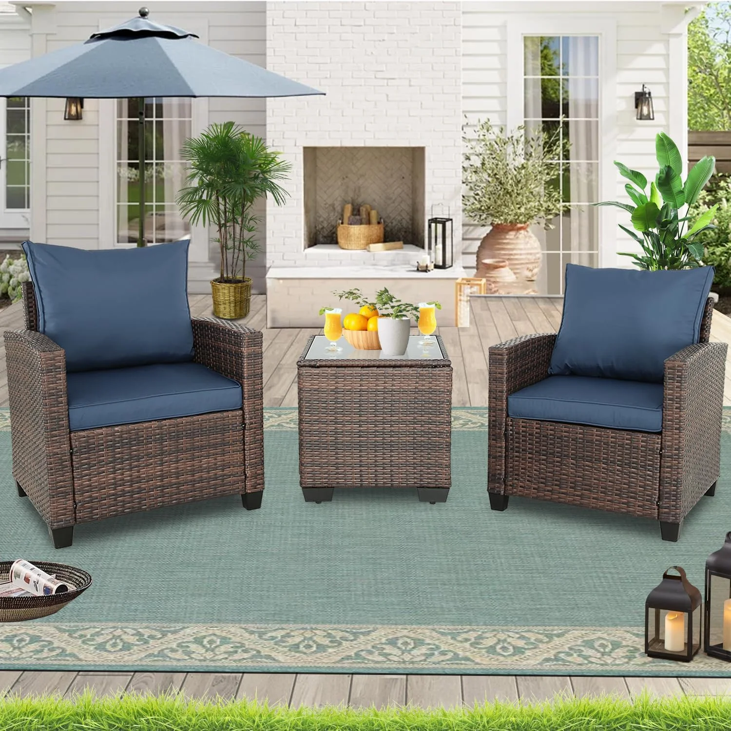 YPDCHB Patio  Set Rattan Outdoor Sectional Conversation Sets 3-Seat Outdoor Couch 2 Single Chair and 2 Ottoman for Lawn  Balcony  Garden  Backyard (Brown+Navy Blue  Set of 3)