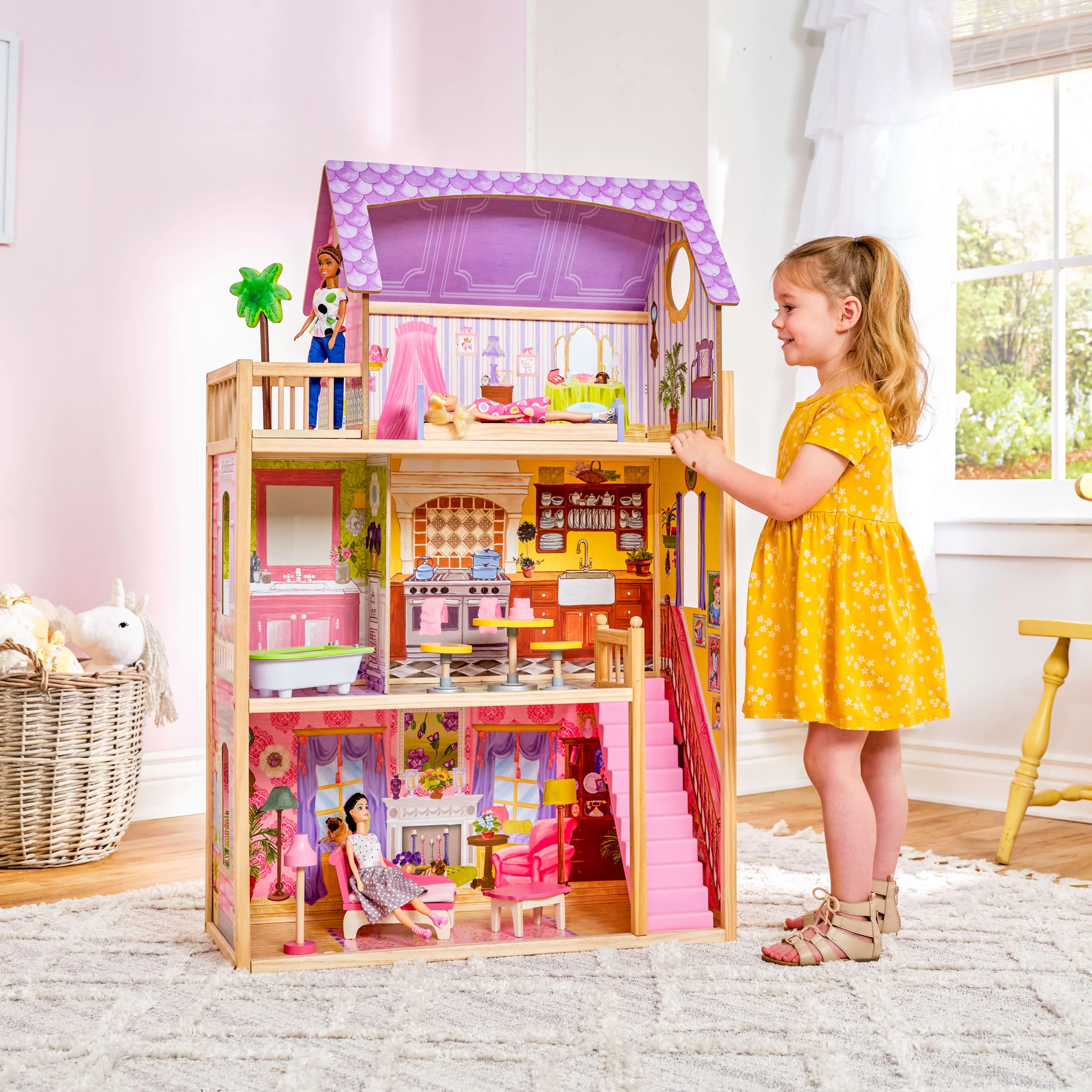 KidKraft Kayla Wooden Dollhouse with 10-Piece Furniture Set, Almost 4 Feet Tall