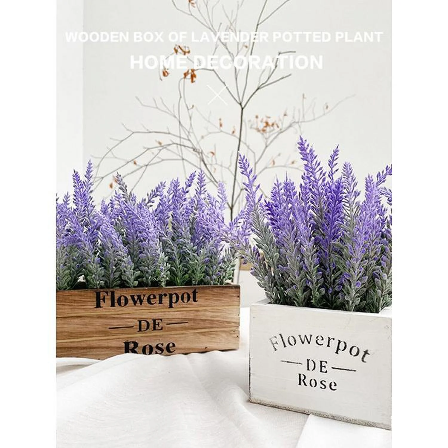 Artificial Lavender Flower Pot Simulation Lavender Pot Fake Flower Plant with Wooden box