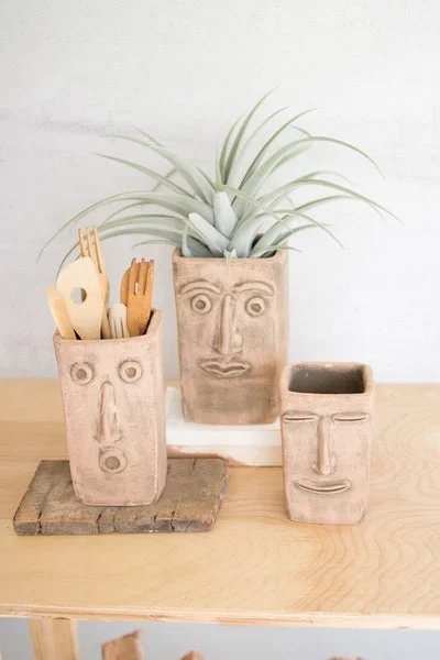 Set Of Three Square Clay Face Planters Multi