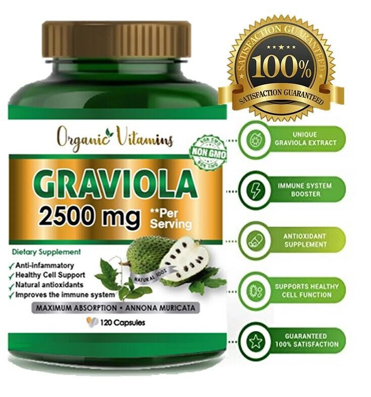 Graviola Capsules 2500mg  Natural Soursop Capsules Leaves fruit - 120 Pure Capsules