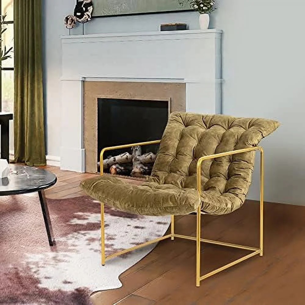 HYHBIBOOM Modern Sling Velvet  Chair with Gold Metal Frame Soft Cushion Armchair  Room Bedroom Office Olive Green