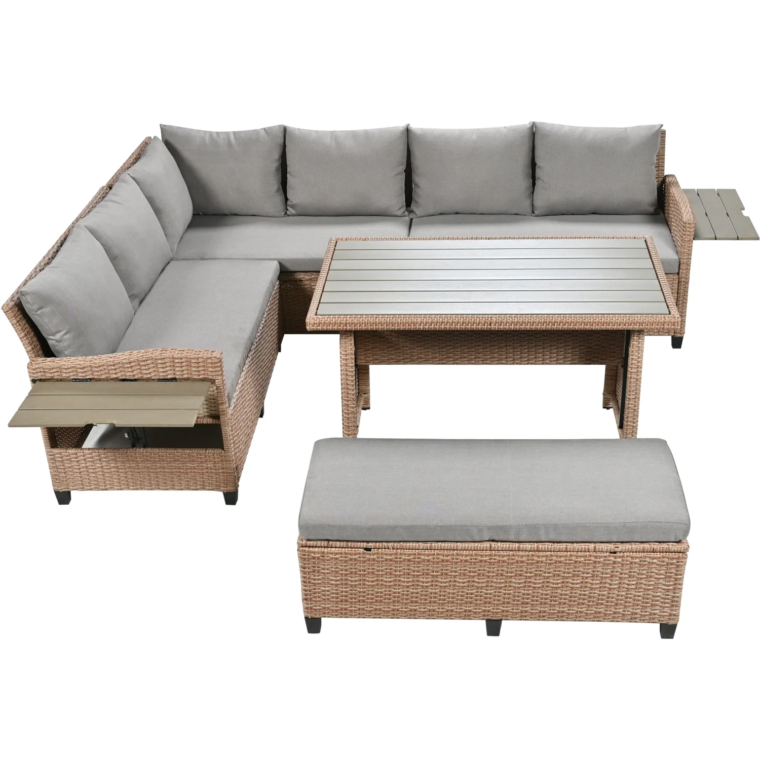 Elegant TOMAX 5-Piece Brown Outdoor Patio Rattan Sofa Set with Sectional L-Shaped Design  Featuring PE Wicker Construction and 2 Extendable Side Tables for Garden  Backyard  Poolside  or