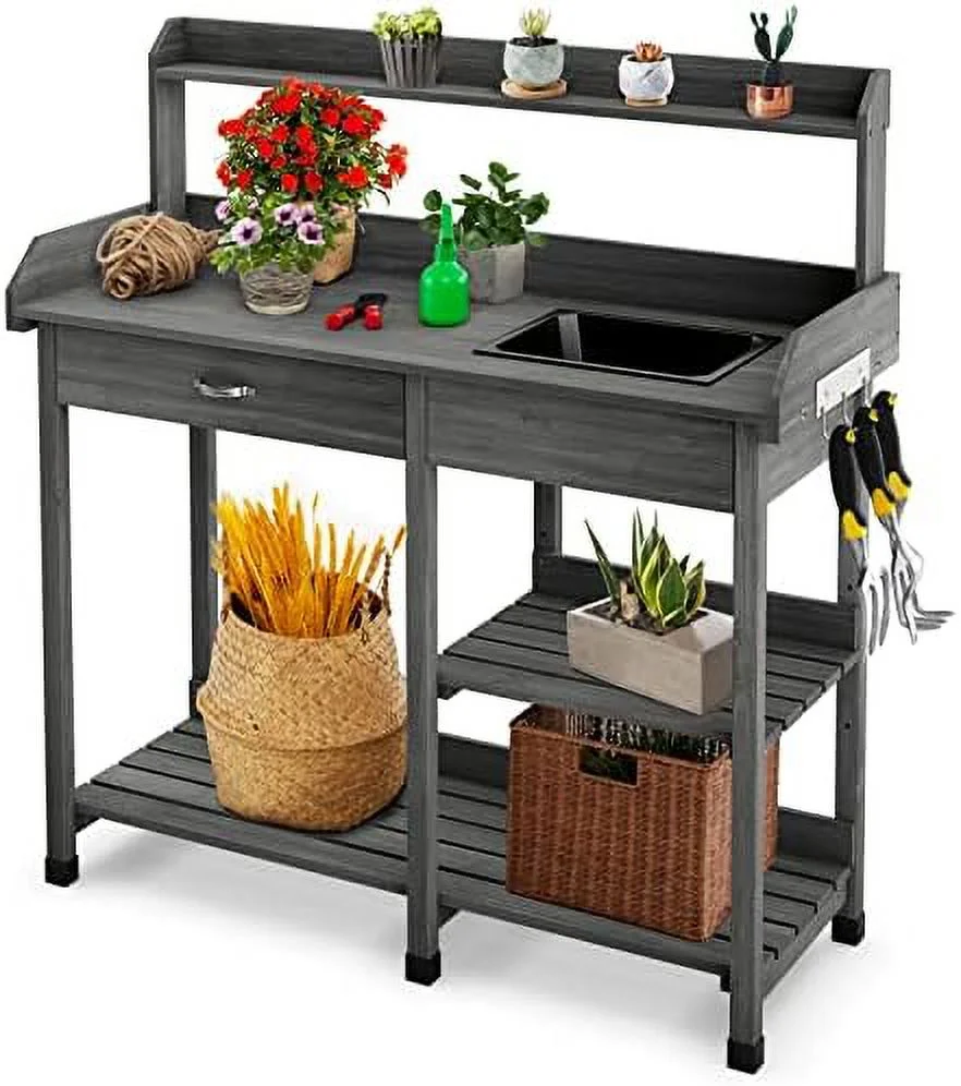DIKTESSA Garden Potting Bench Table Wood Potting Work Table for Yard Plant Lawn Patio Indoor Outdoor Workstation Flower Pot Bench w/Sink  Drawer  Hooks and Open Shelves Gardening Tables f