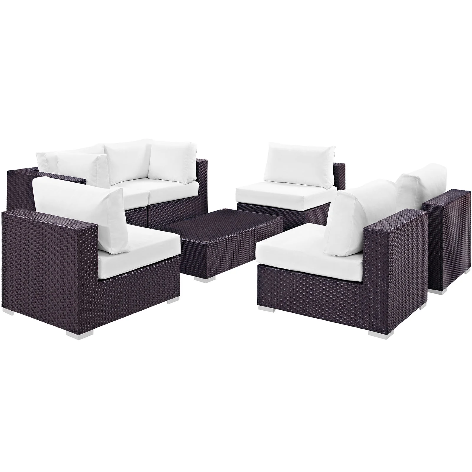 Modern Contemporary Urban Design Outdoor Patio Balcony Seven PCS Sectional Sofa Set, White, Rattan