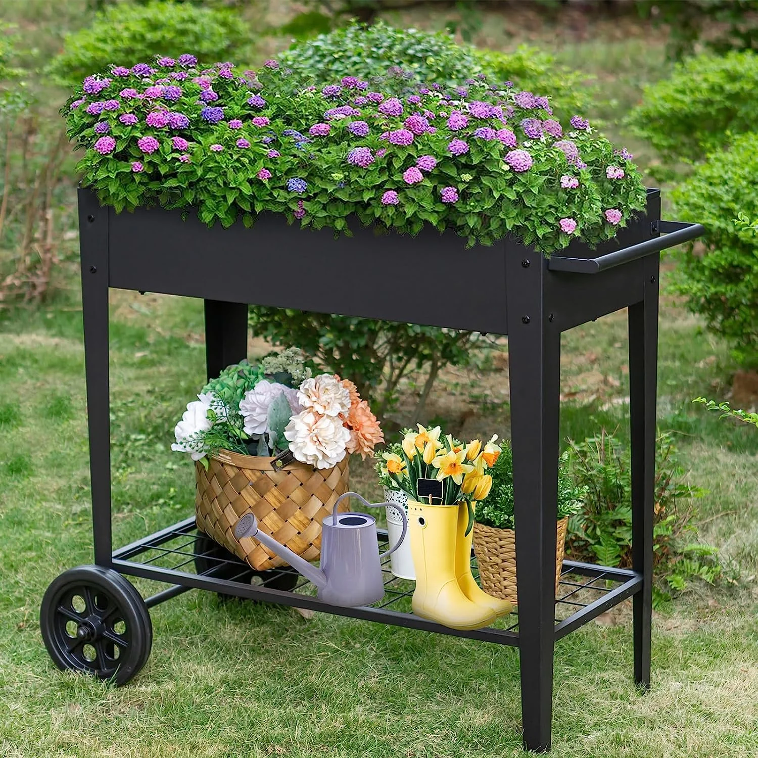 Raised Planter Box with Legs Raised Garden Bed Outdoor Elevated Garden Bed on Wheels for Vegetables Flower Herb, Black