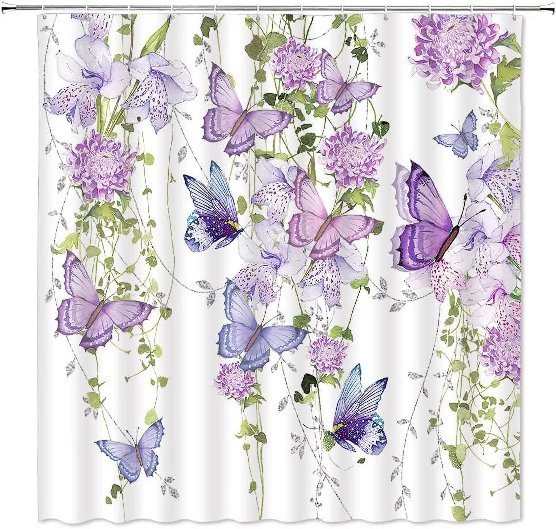 SPXUBZ Flower Butterfly Shower Curtain Purple Floral Watercolor Butterflies Fantasy Lilac Spring Nature Garden Plant Girls Bathroom Decor Fabric Home with Hooks,(72