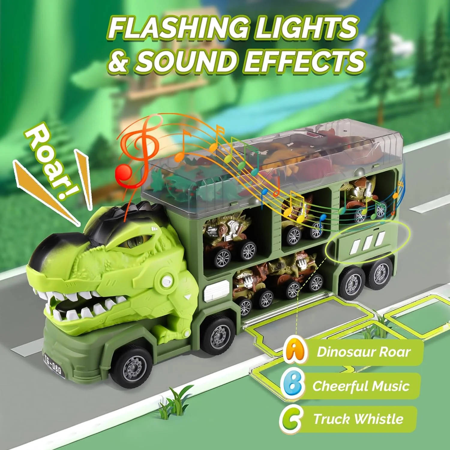 Dinosaur Truck Toys for Boys 3-6 Years, Dinosaur Truck Carrier -Tyrannosaurus Transport Car Carrier Truck with Lights, Music and Sounds, Dinosaur Play Sets for Boys Girls