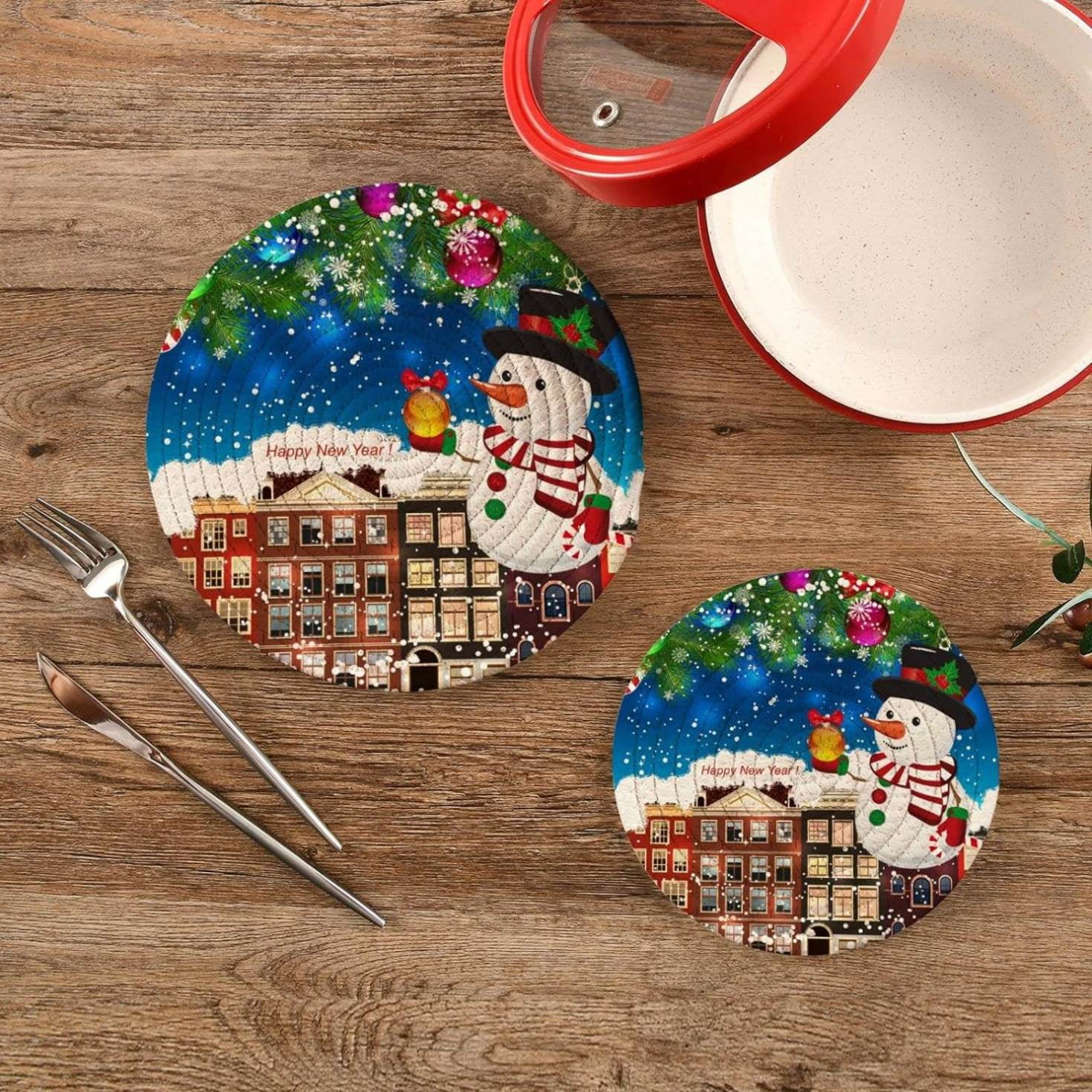 Christmas Winter Snowman Potholders Set Trivets Set 2 PCS, Snow Streets Landscape Pot Holders for Kitchen, 100% Cotton Woven Hot Pads Trivets Set for Kitchen Heat Resistant, 7.09