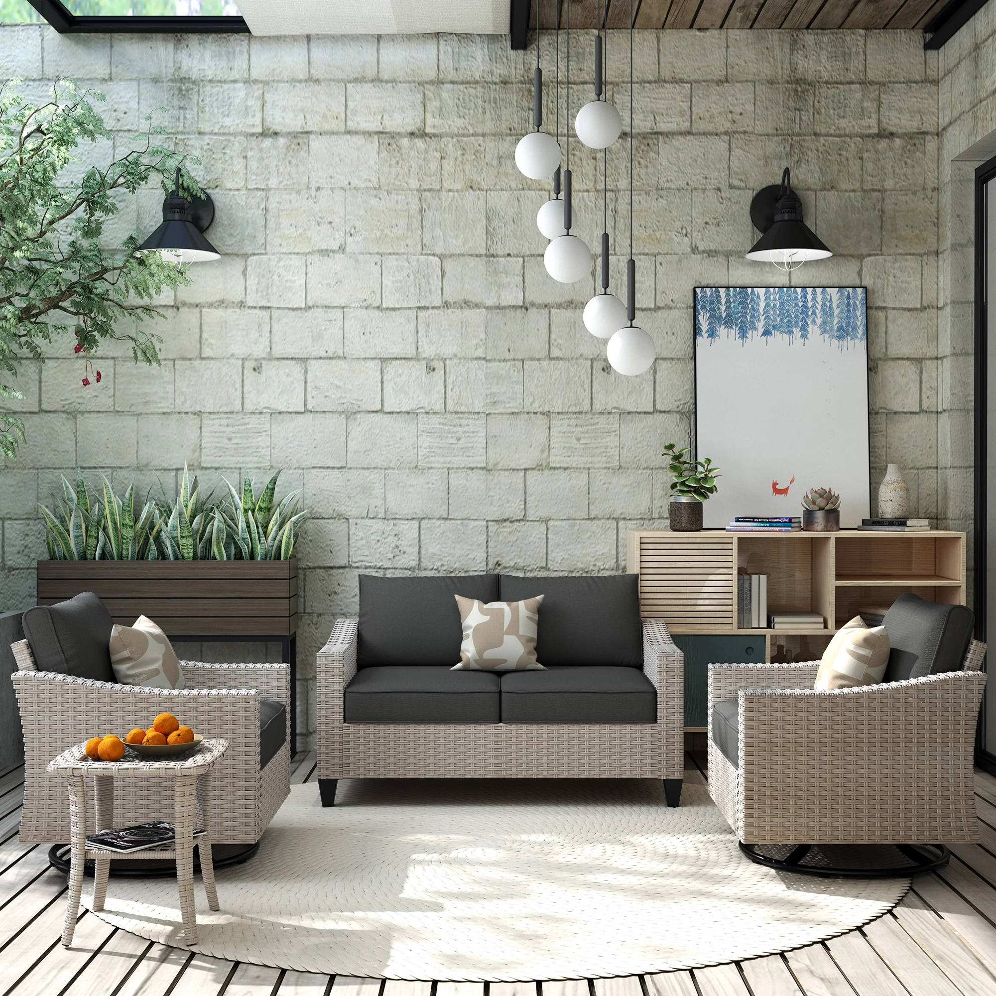 Vcatnet 4 Pieces Patio Outdoor Conversation Set Wicker Rattan Furniture Sofa Set with Swivel Rocking Chairs and Side Table for Garden,Backyard,Black