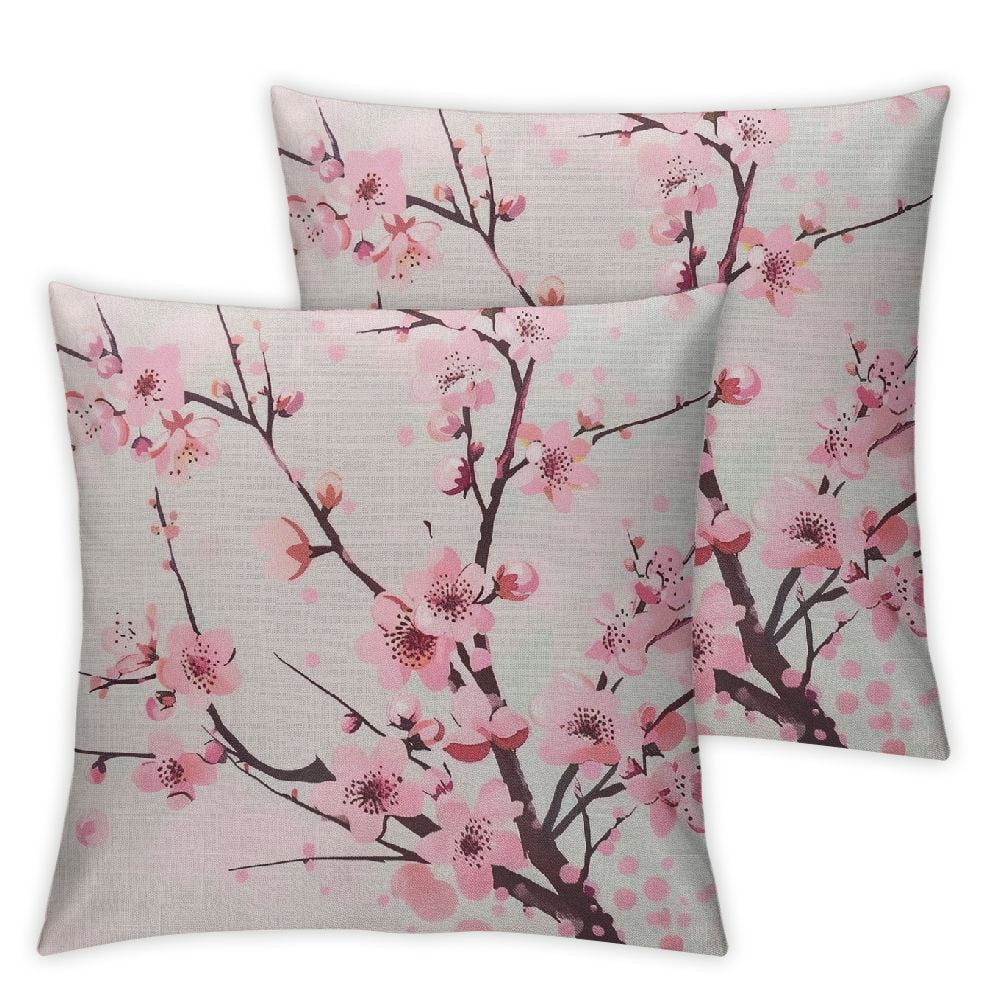 Acheng Spring Pillow Decorative Throw Pillow Cover, Pink Chinese Cherry Blossom Flower Japan Plum Branch Double Sided Square Pillow Cases Pillowcase Sofa Cushion,2 Pcs White