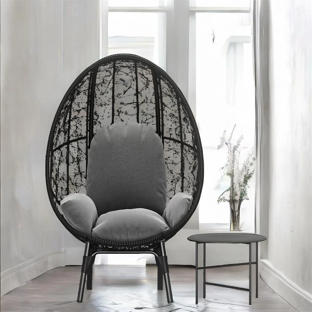 DEELIGHT PE Wicker Egg Chair with Cushion and Side Table Black