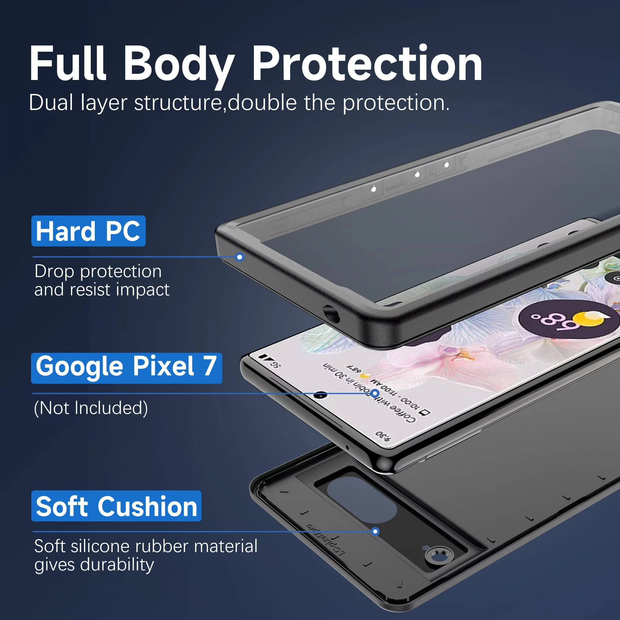 Mantto Compatible for Google Pixel 7 Waterproof Case, Soft Silicone Heavy Duty Shockproof Built-in Screen Protector Slim Thin Cover Dustproof Underwater Protective Case for Google Pixel 7,Black