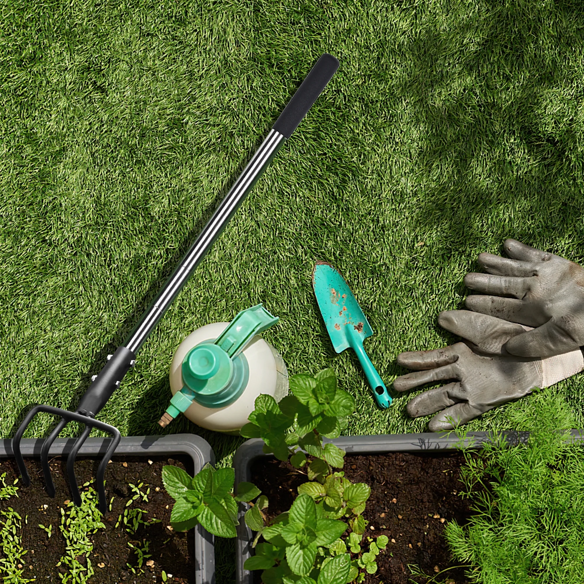 BARAYSTUS Garden Cultivator 4-Teeth Rake with Telescopic Handle and Soft Handle Cover