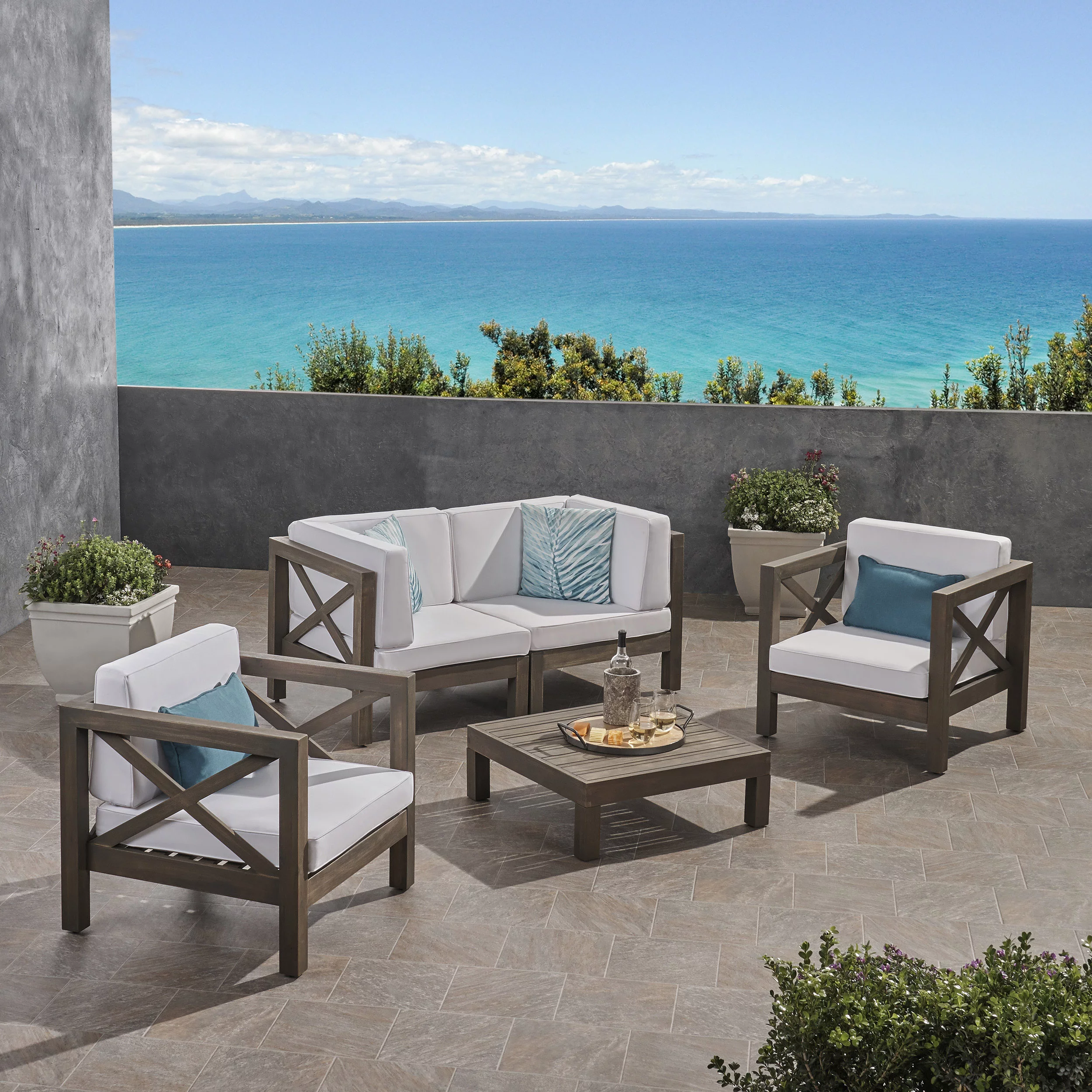 Elisha Outdoor 4 Seater Acacia Wood Loveseat Chat Set, Gray and White