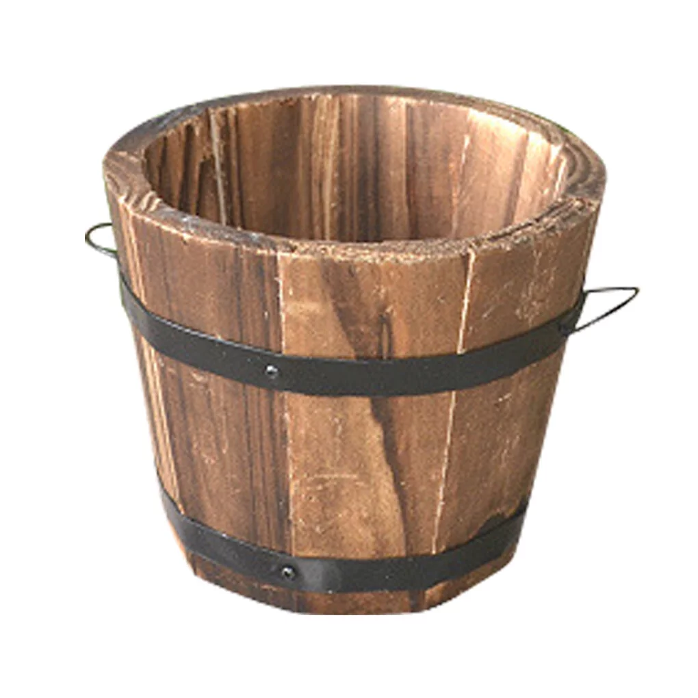 Rinhoo Wooden Barrel Flower Pot Flat Edge Garden Decor Succulent Plants Flower Barrels Decorations, Small