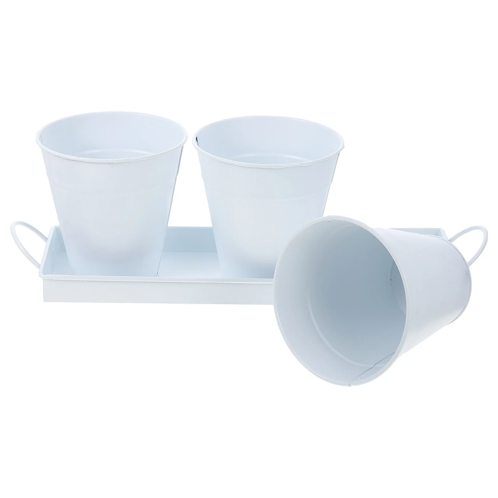 1 Set of Iron Flower Pots Balcony Round Bucket  Flower Holders with Tray