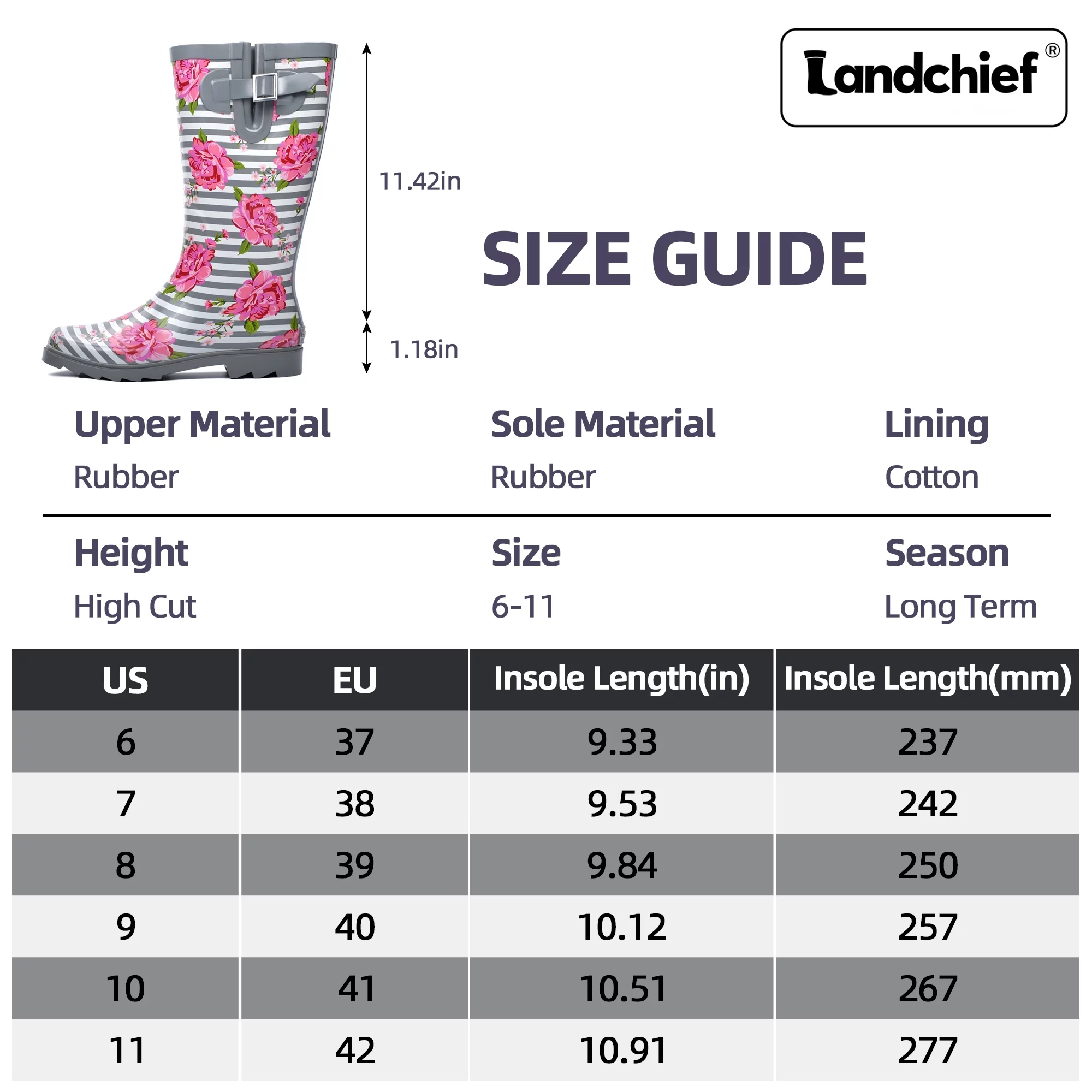 Landchief Women's Tall Waterproof Rubber Rain Boots for Garden, Size 9, Rose