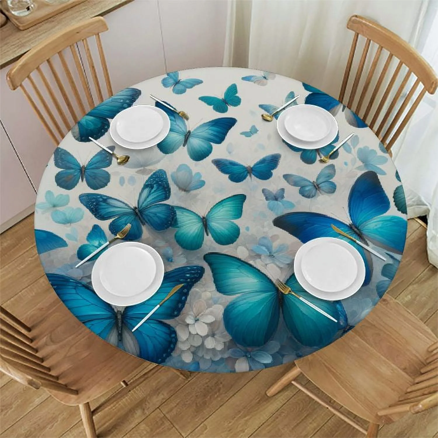 QCPP Round Fitted Tablecloth with Elastic Edged, Flowers Butterfly Round Table Cover, Glitter Butterfly Waterproof Table Cover for Kitchen Dining Holiday Parties Decoration