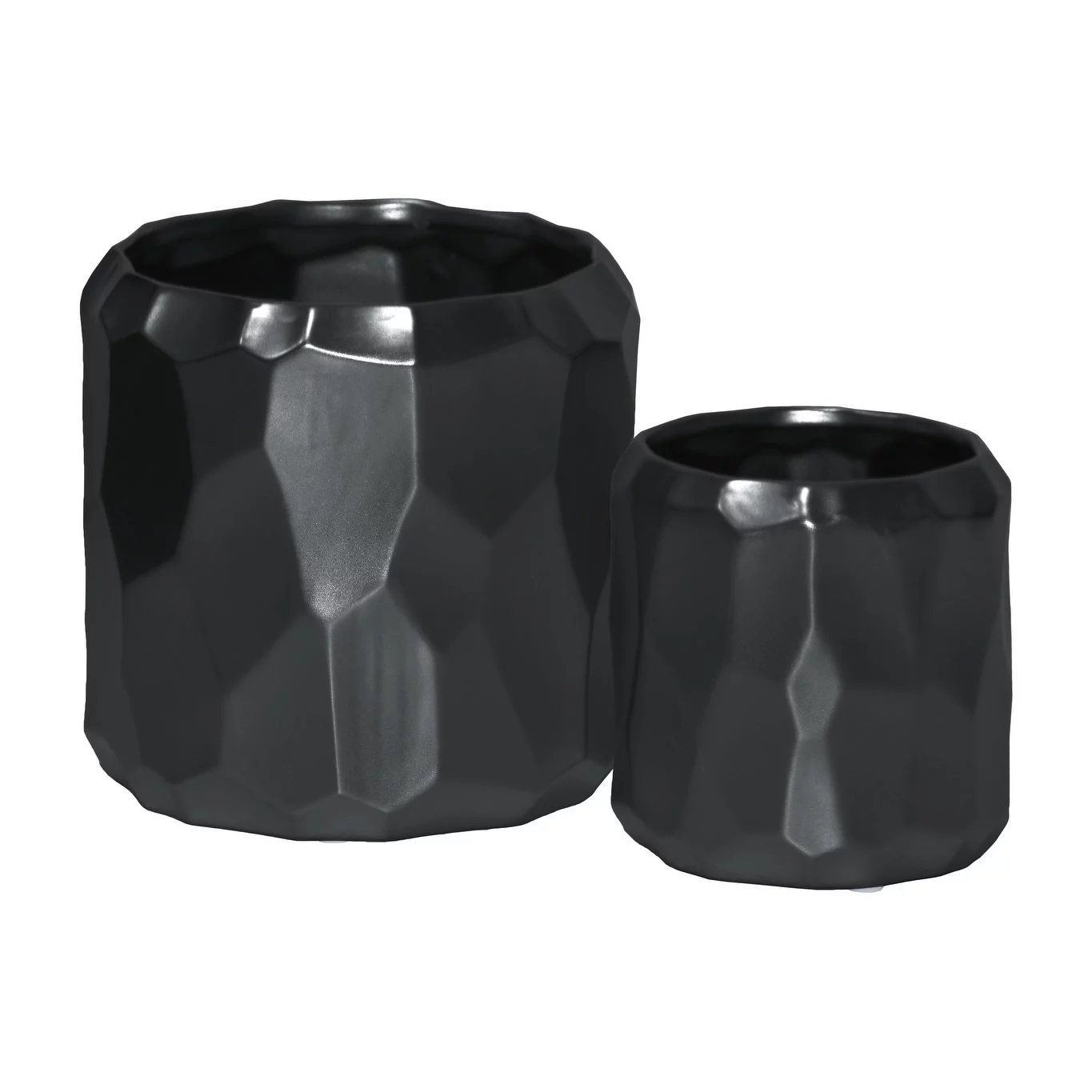 Ceramic Cylindrical Pot with Wide Mouth and Embossed Irregular Patterns Design Body Set of Two Matte Finish Black