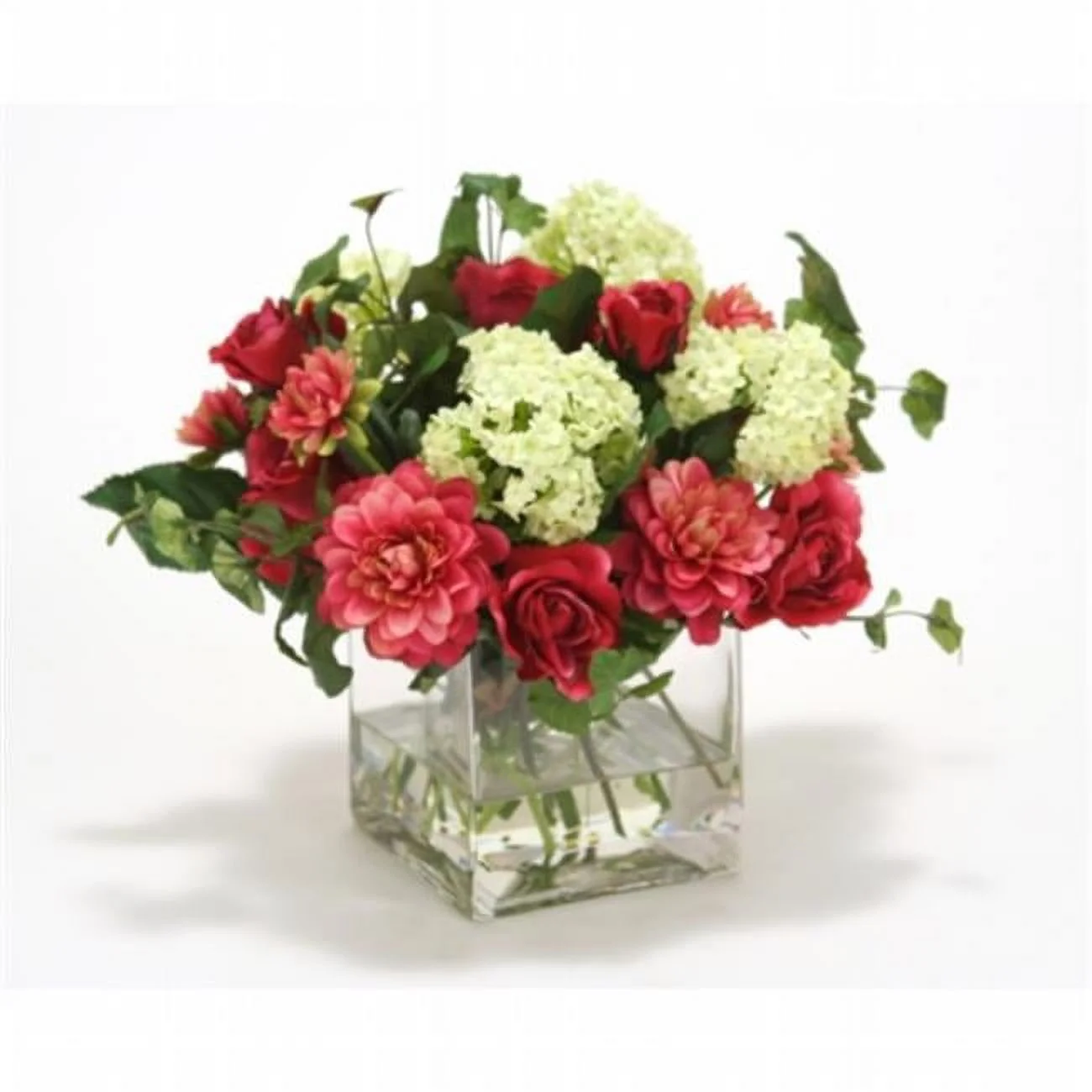 Distinctive Designs International  Fuschia Dahlia & Roses - Cream Green Snowballs in Glass Cube