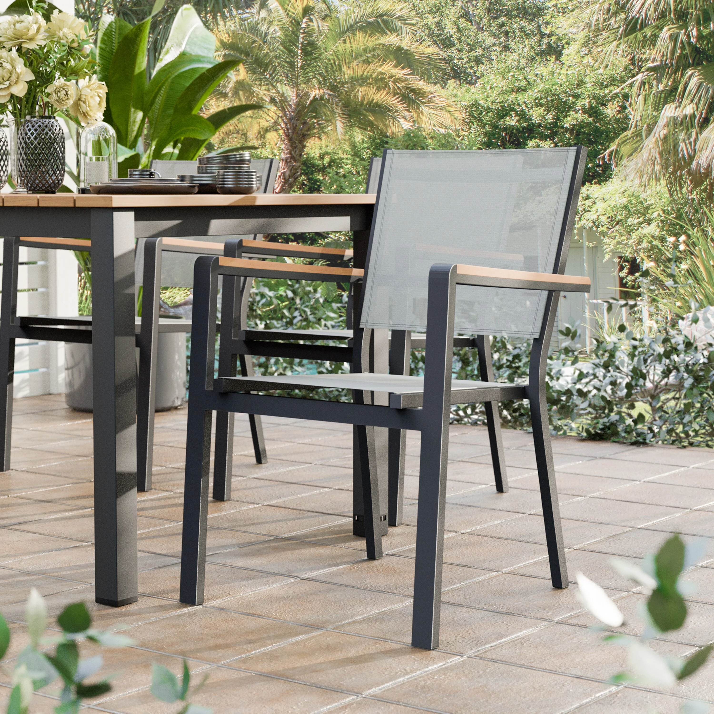 Greemotion Mackay 2-Piece Outdoor Patio Metal Gray Frame Chairs with Teak Accent