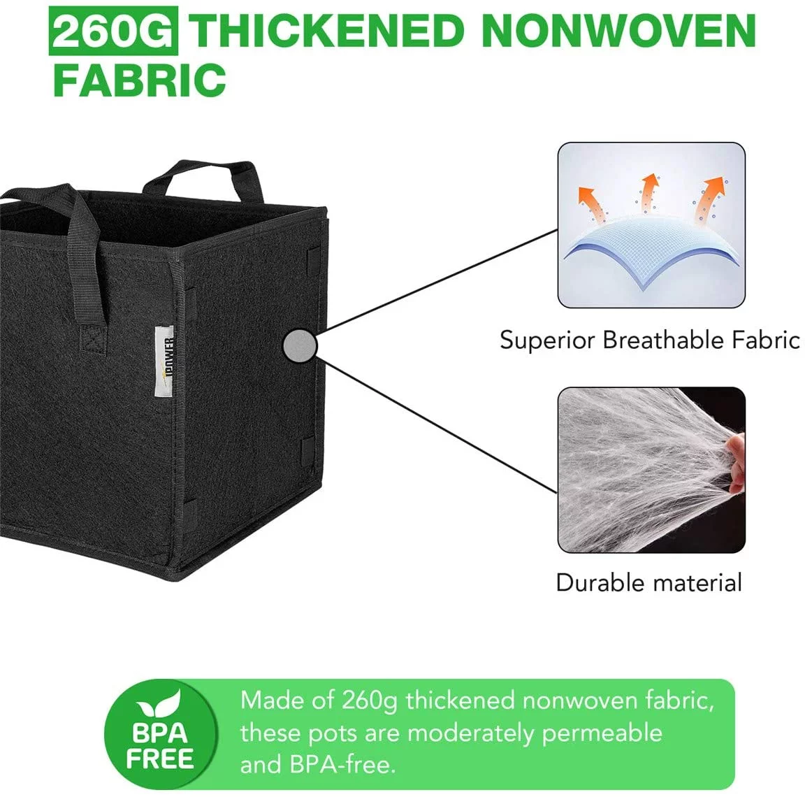 iPower 5 Pack 10 Gallon Square Grow Bags Thick Fabric Planting Pots -Black