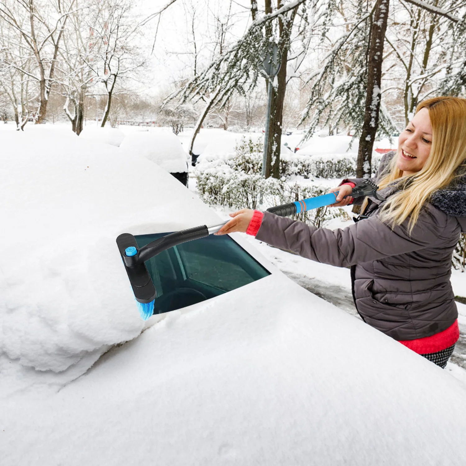 iMounTEK 3 in 1 Windshield Ice Scraper 27.56x9.06x4.33in Extendable Car Snow Removal Tool 360° Pivoting Brush Head Car Broom Snow Shovel Automobile Frost Removal, Blue