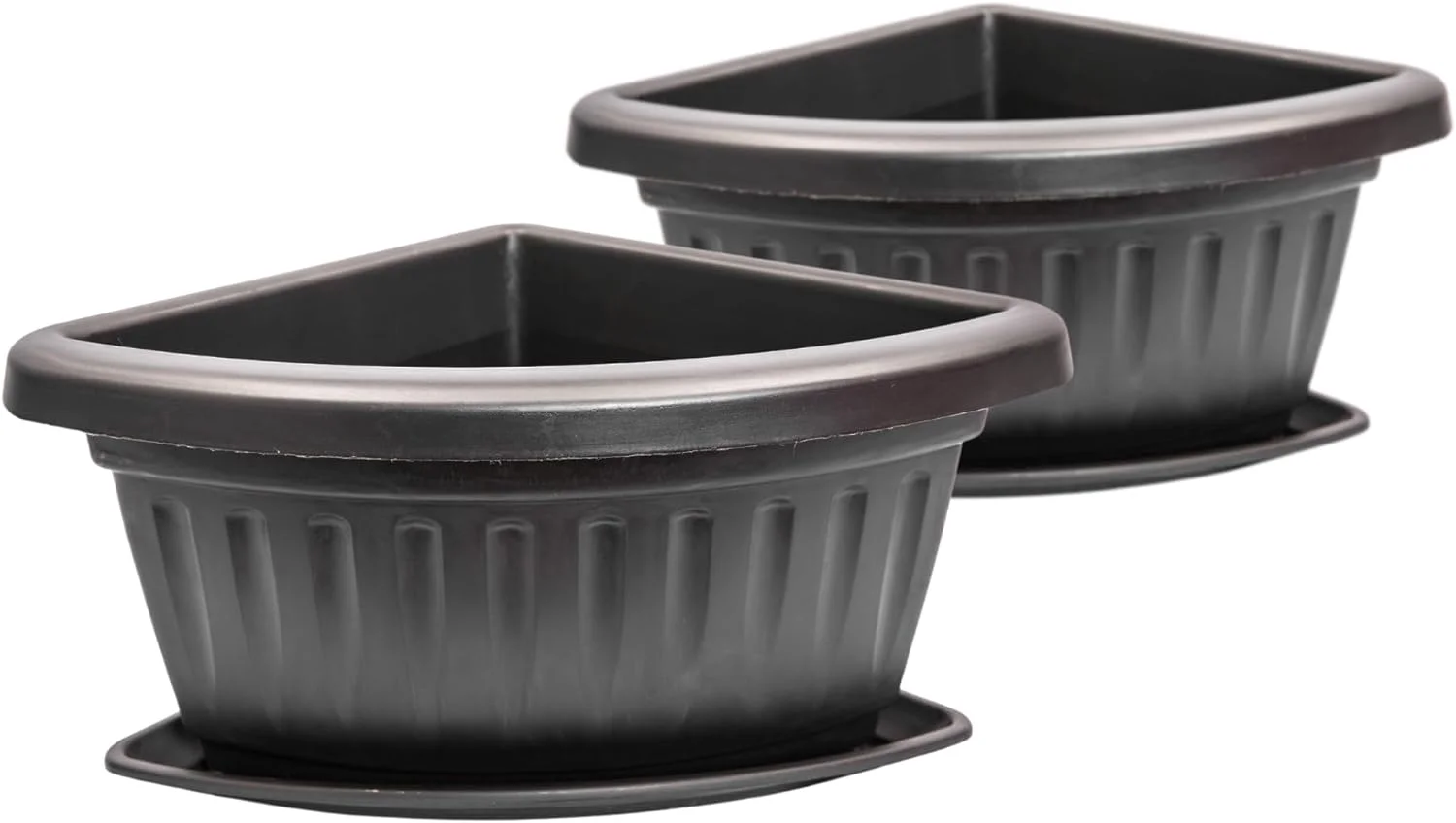 2 Large Corner Triangle Planters with 2 Matching Saucers Fancy Heavy Duty Plastic for Indoor Outdoor Garden Patio Office and Home Decor (Black)