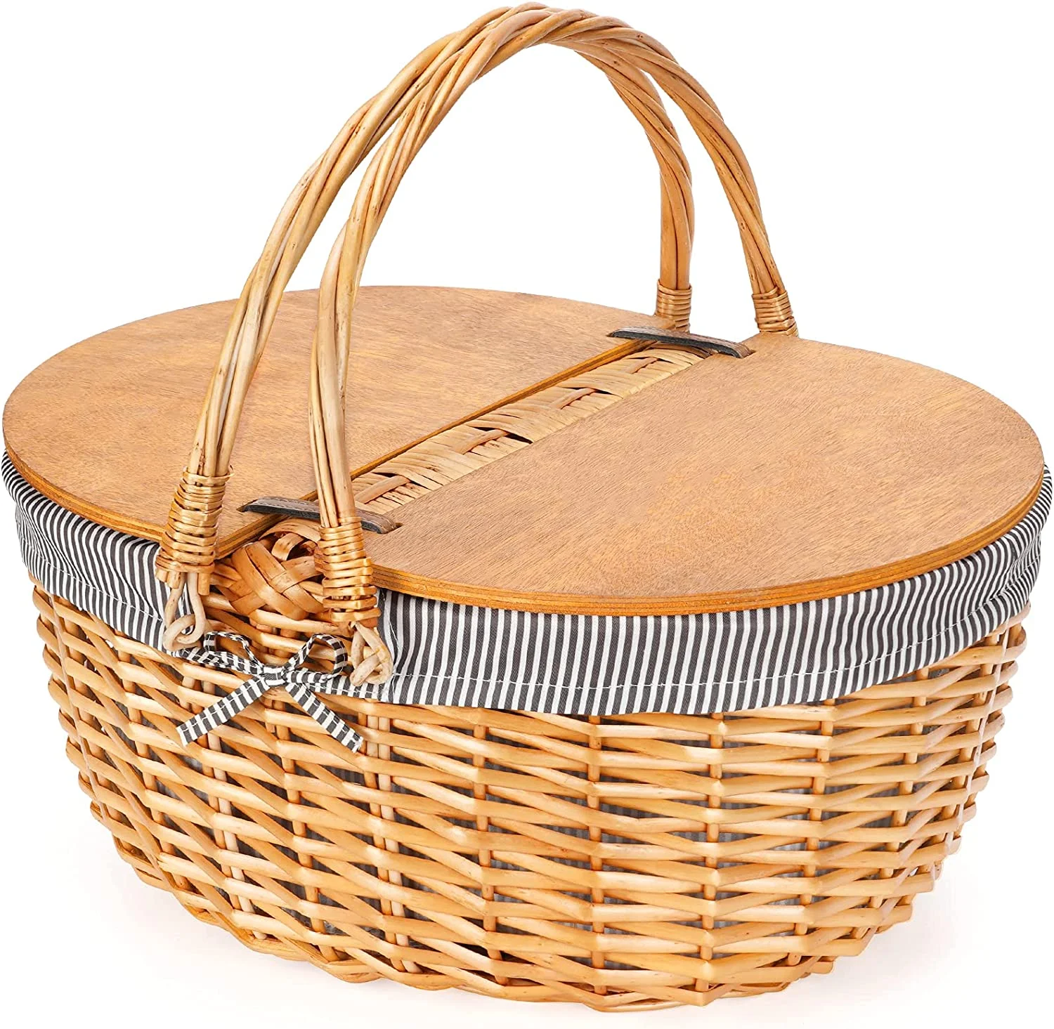 Wicker Picnic Basket with Cooler, Wooden Split Lid Picnic Basket, Vintage-Style Wicker Picnic Hamper with Folding Woven Handle for Picnic, Camping, Outdoor, Valentine Day, Thanks Giving, Birthday