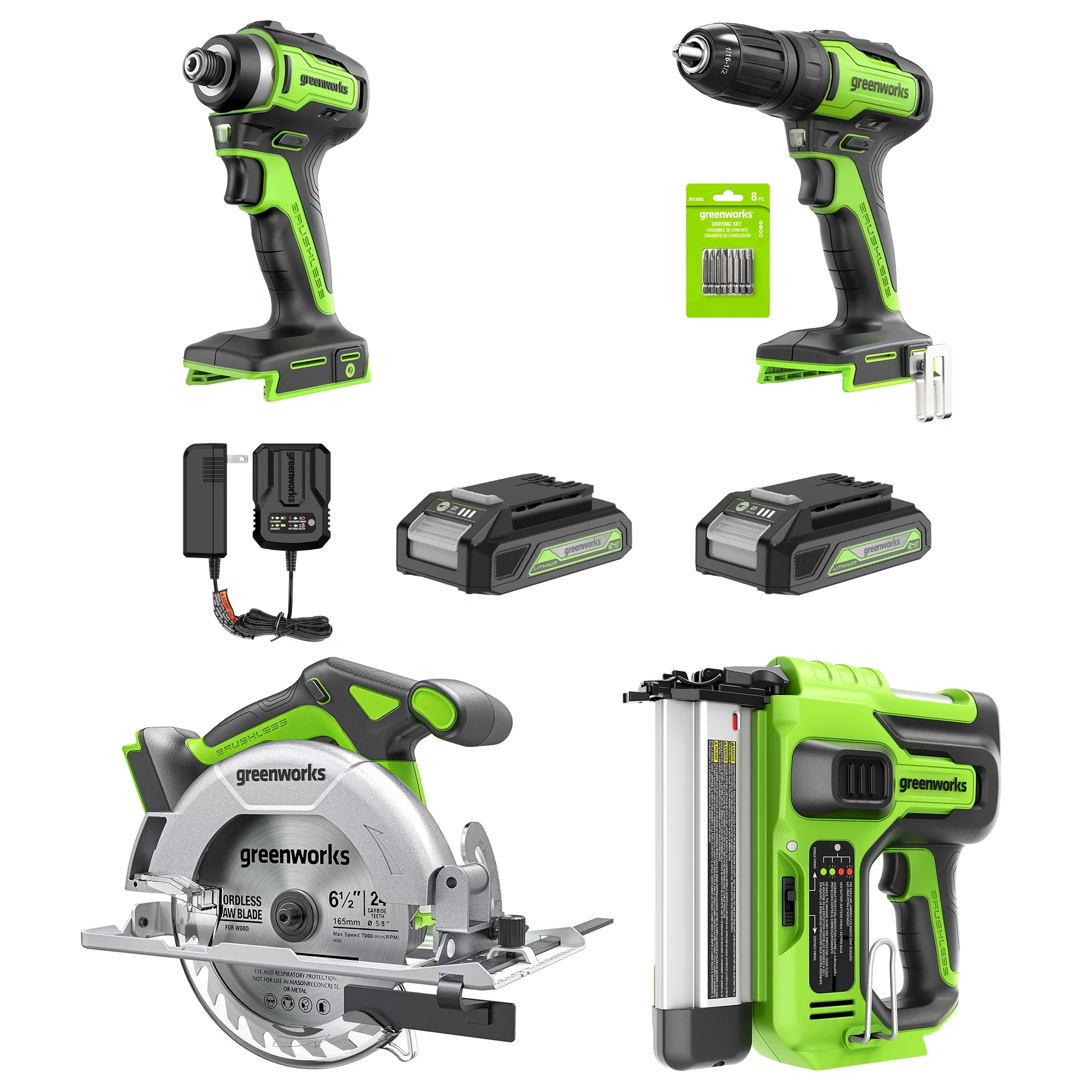 Greenworks New 24V Carpentry 4 Power Tool Brushless Drill Driver Combo Kit with Two 2Ah Batteries & Charger