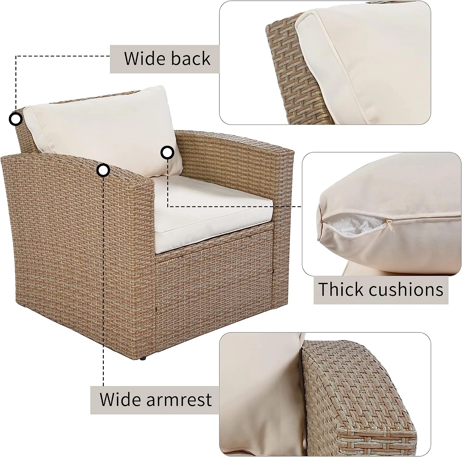 4-Piece Outdoor Patio Furniture  Weather PE Rattan Conversation Sectional Sofa Dining Set with Grey Cushions for Backyard Porch Poolside  Beige