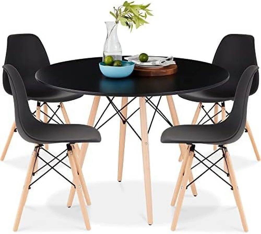 HBLUKDL 5-Piece Dining Set  Compact Mid-Century Modern Table & Chair Set for Home  Apartment w/ 4 Chairs  Plastic Seats  Wooden Legs  Metal Frame - Brown/Black