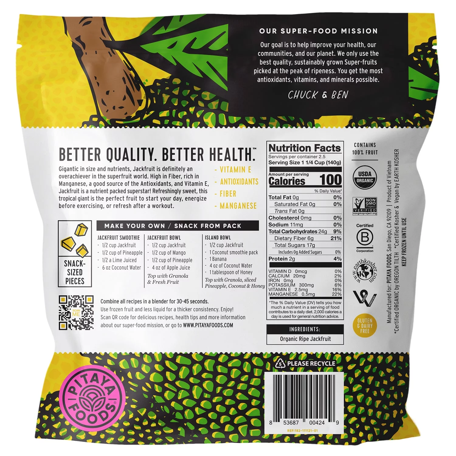 Pitaya Foods Frozen Ripe Jackfruit Pieces for Smoothies, 12oz, 1 Pouch