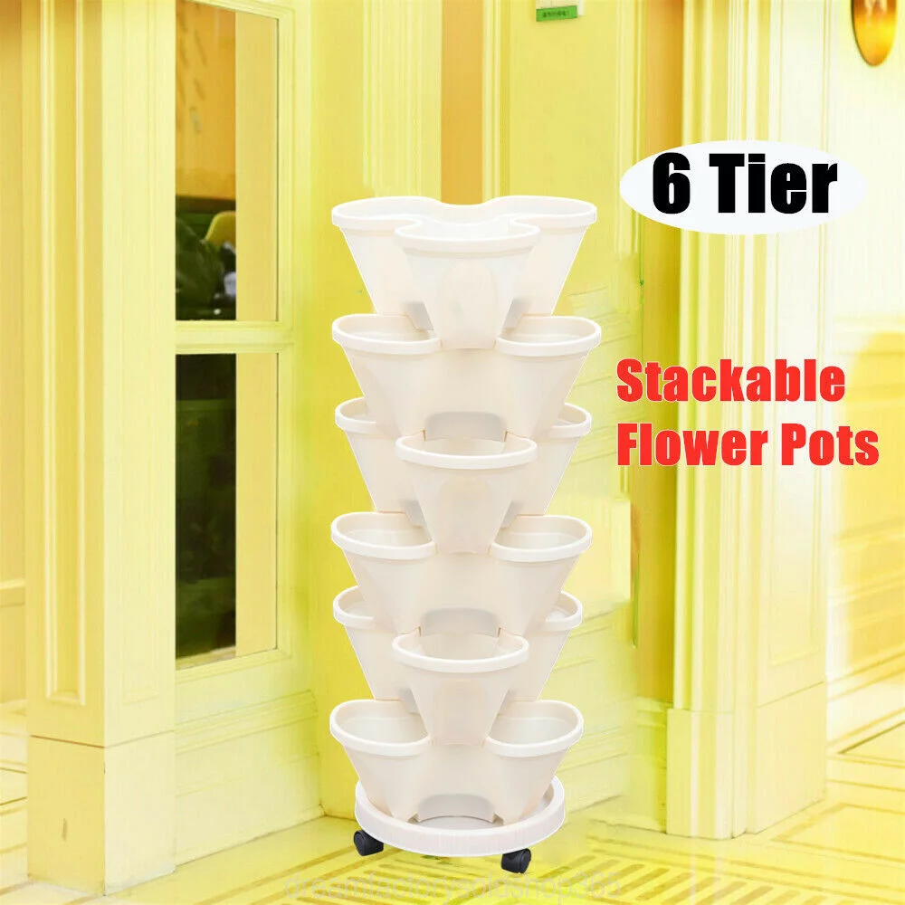 Miumaeov 6 Tier Vertical Garden Tower Plastic Milky Fit Plant Flower Veg Pots Stack