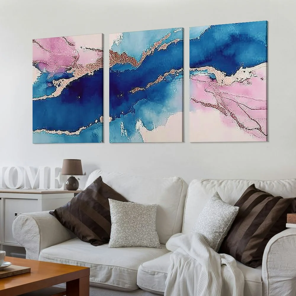 Nawypu Pink Blue Marble Wall Art Abstract Pink Painting Navy Blue and Pink Picture Gold Marble Canvas Wall Art Blue Watercolor Prints Dark Blue Artwork Abstract Marble Posters,3 Piece
