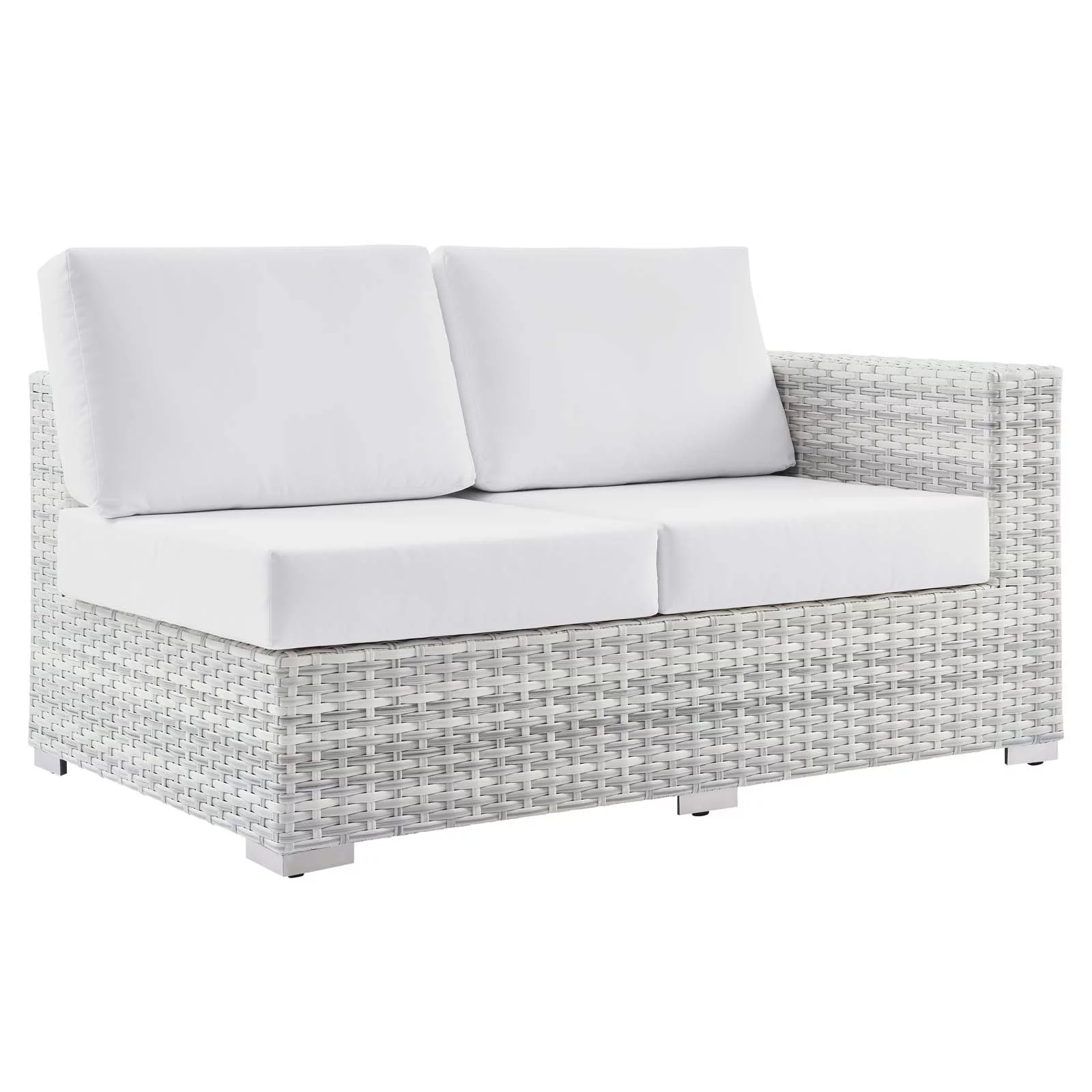 Lounge Loveseat Sofa, Rattan, Wicker, Light Grey Gray White, Modern Contemporary Urban Design, Outdoor Patio Balcony Cafe Bistro Garden Furniture Hotel Hospitality