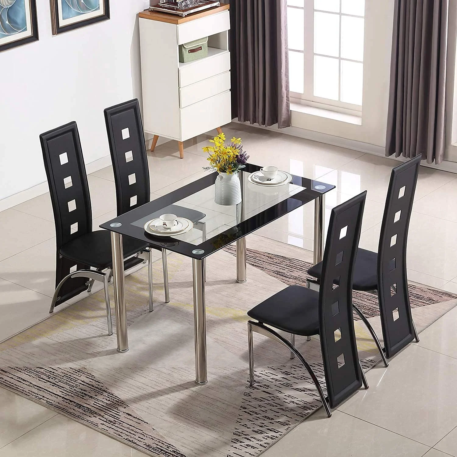 TJCGDTY 5 Pieces Dining  Set  Modern Dining  Set for 4 Persons with Tempered Glass Top  and 4 PU Leather Chairs for Breakfast Dining Room Kitchen   Black