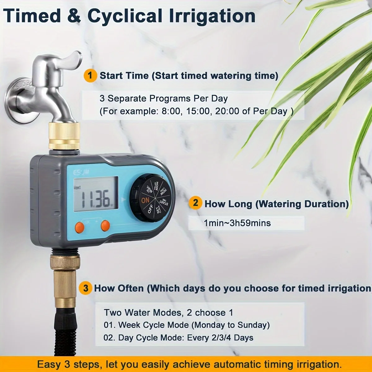 1pc Digital Garden Sprinkler Timer,3 Separate Programs,LCD Screen, Automatic/Manual Watering, For Hose Faucet, Week/Day Cycle, Outdoor Lawn Irrigation, Durable Plastic With 3/4 Inch Brass Swivel Inlet