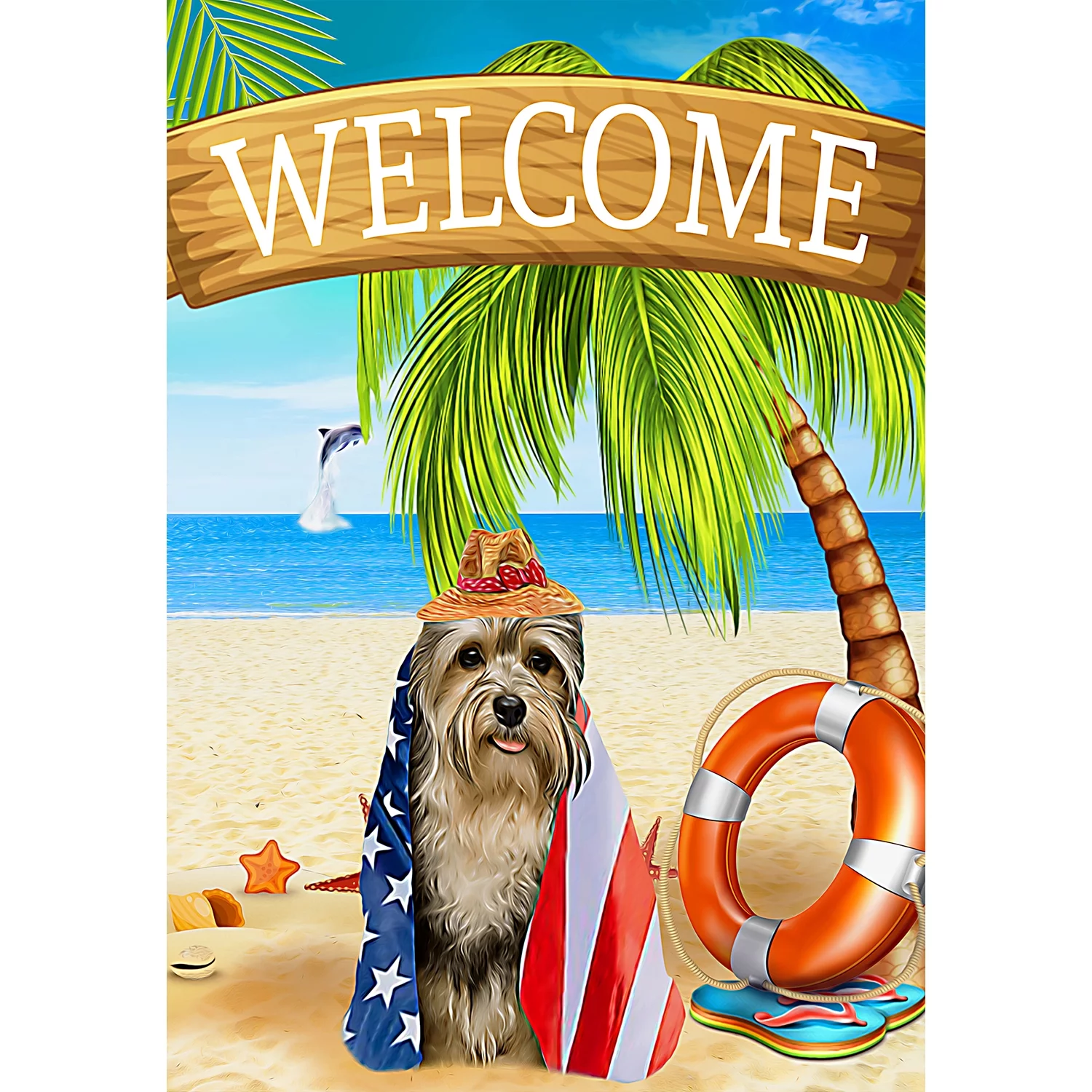 America Forever Patriotic Dog Welcome Summer Garden Flag 12.5 x 18 inches American Tropical Beach Cute Puppy Palm Tree Double Sided Seasonal Yard Outdoor Decorative Coastal Garden Flag
