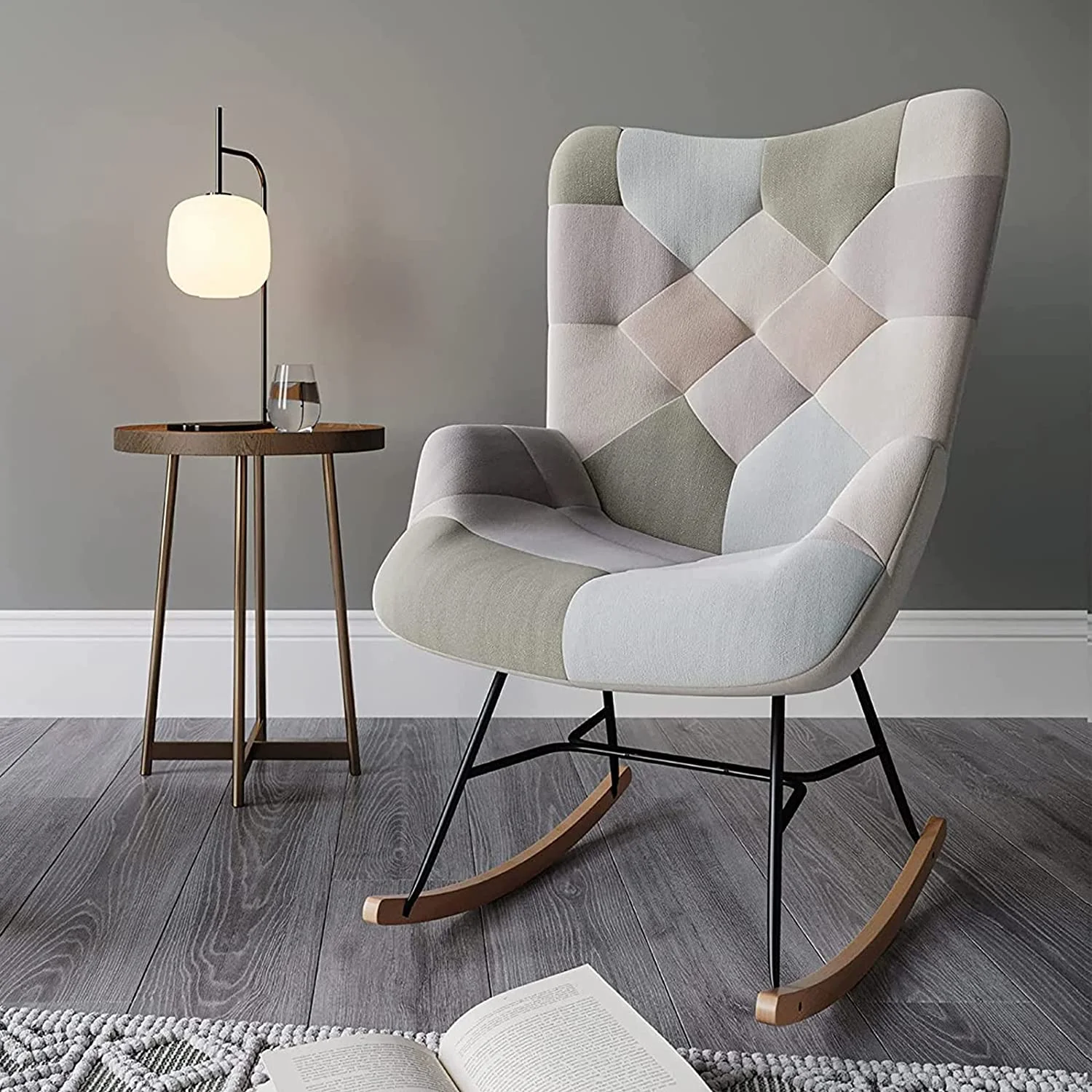 Colorful Patchwork Rocking Chair, Widen Nursery Rocking Chairs Comfy Linen Upholstered Glider Rocker With Solid Wood Legs For Living Room Bedroom Nursery - Paramount (Patchwork A)