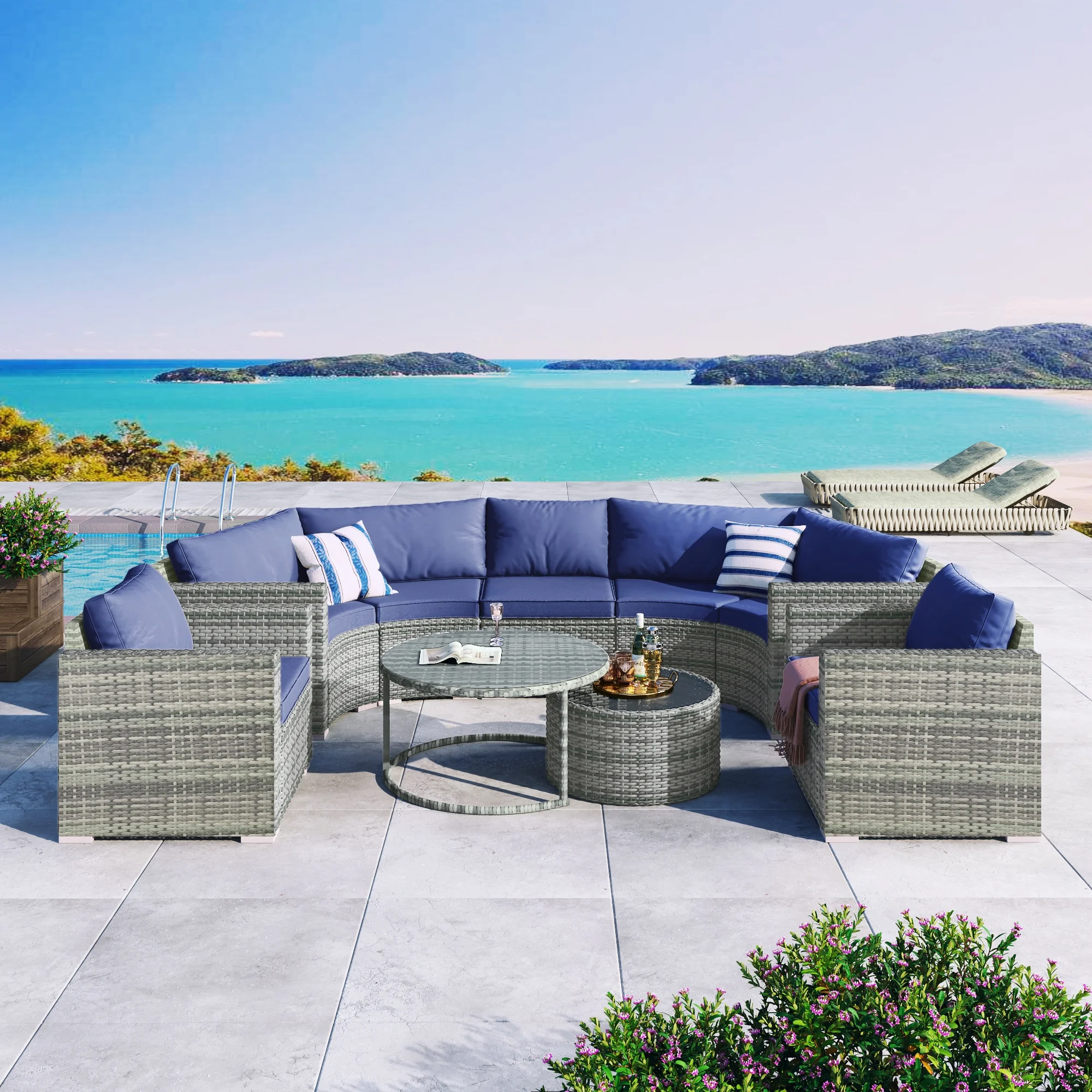 Highsound Patio Conversation Set, 9 Piece Sectional Round Patio Furniture Set with 2 Coffee Tables, Modern Wicker Sofa Set for Backyard Patio Garden, Blue Cushion